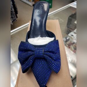 Navy Bow Embellished Slip-On Shoes